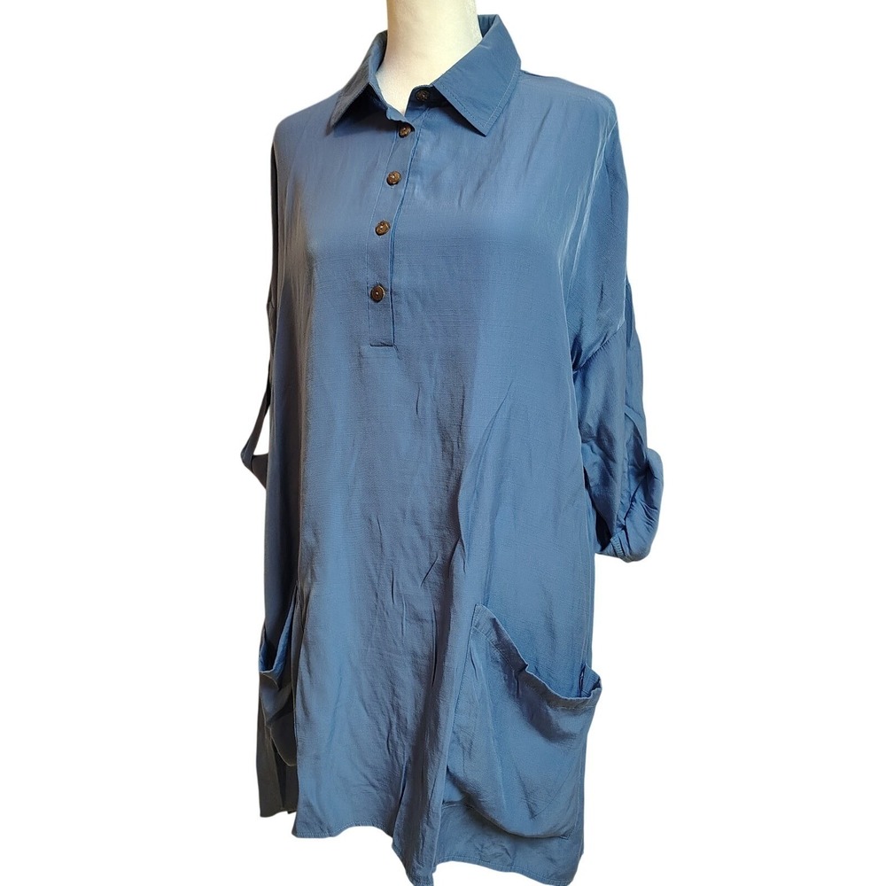 Paisley Vine Tunic Dress Blue Button-Up Shimmer Comfy Lagenlook Womens Large